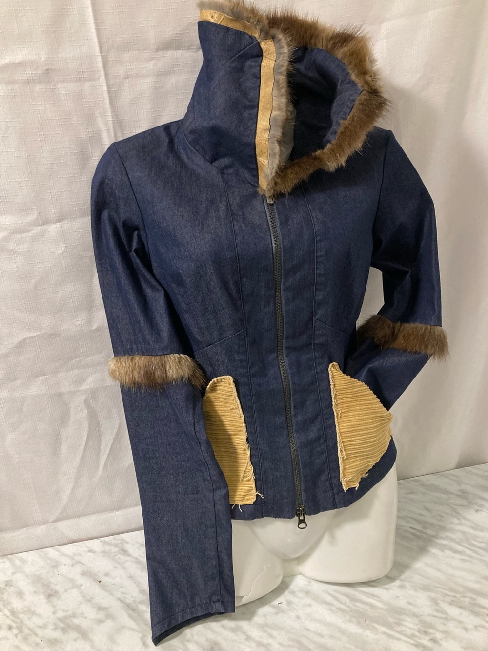 Myco Anna Y2K Denim Hooded Jacket Faux Fur Trim Fairy Grunge Festival Coat